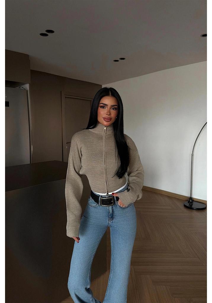 European & American Style Knit Zipper Cardigan: Women's Half-high Collar, Loose Long Sleeve, Cropped Soft Fluffy Sweater.