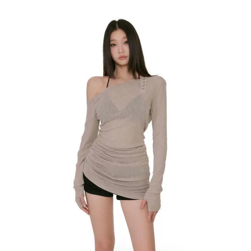 

Kawaii Hot Girl Off Shoulder Mesh Long Sleeve Top Sheer Slim Halter Neck Casual Y2K Fashion Blouse S