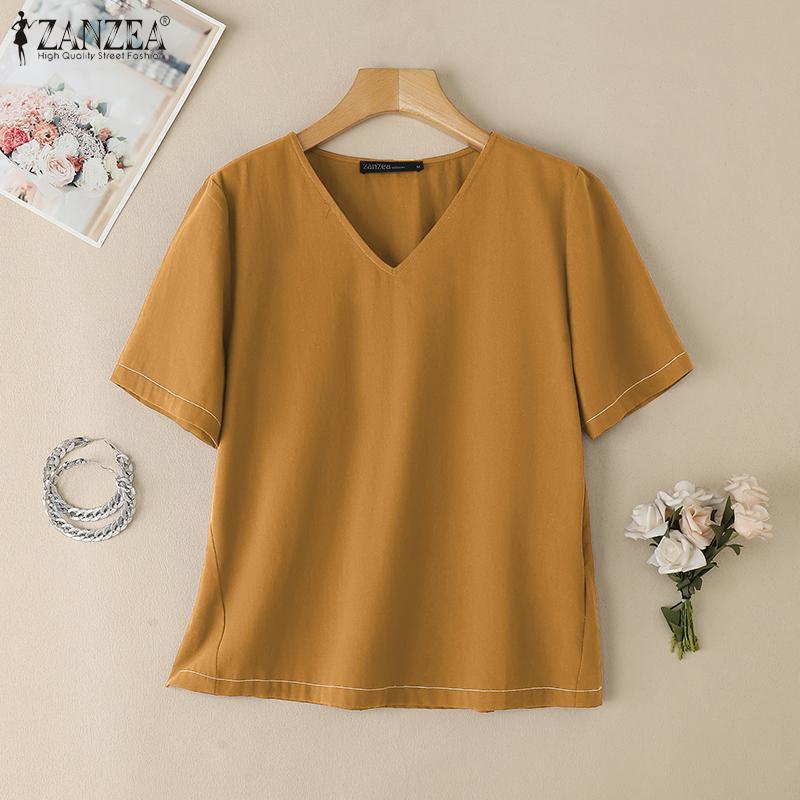 ZANZEA Damen Lässiges Sommer V-Ausschnitt Kurzarm Baumwoll-T-Shirt