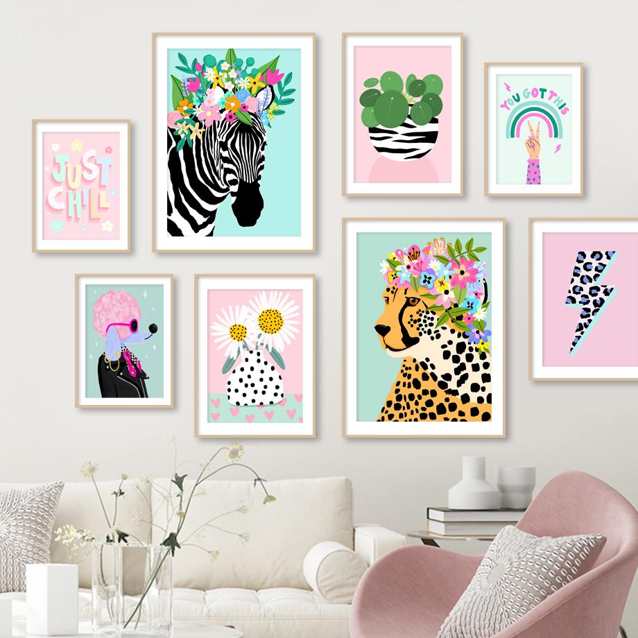 Abstract Leopard Poodle Zebra Vase Wall Art Canvas Painting Nordic Posters And Prints Wall Pictures For Pink Living Room Decor No Frame