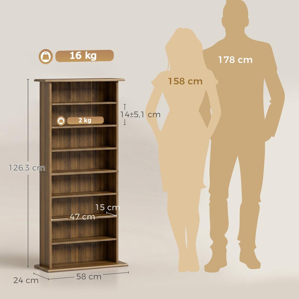 CD/DVD Storage Unit, 8 Compartments, 6 Adjustable Shelves, 360 CDs / 185 DVDs, Walnut
