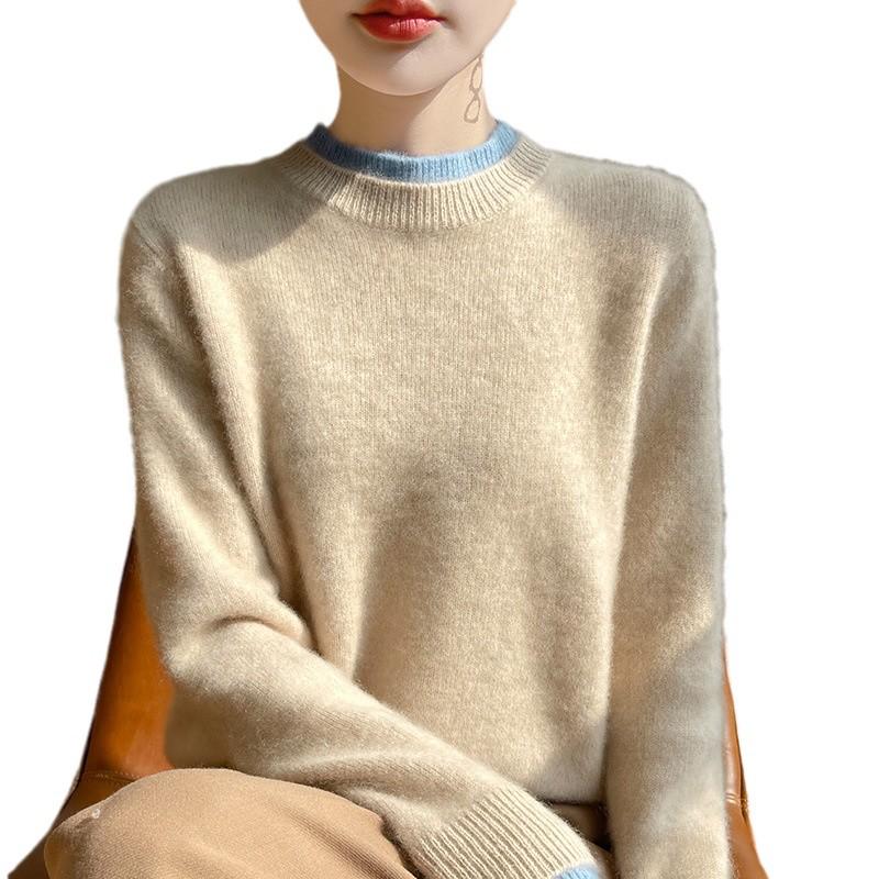 Women's Pink Color Block Wool Sweater: Autumn/Winter, Loose, Thick, Round Neck, Fake Two-Piece, Lazy Knit Base Layer