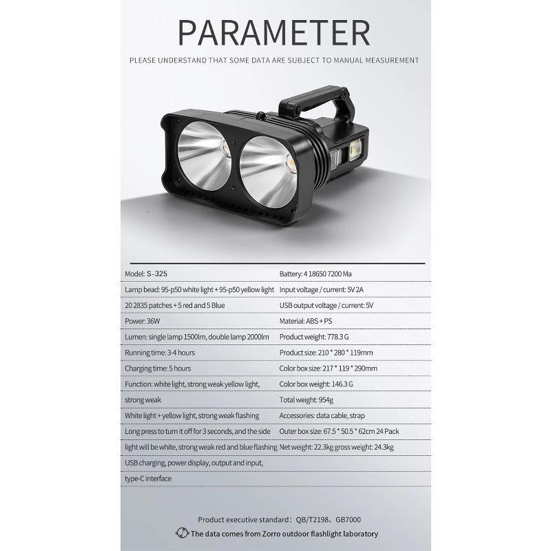 2*XHP50 Super Bright LED Camping Spotlight Fishing Flashlights with Side Light Waterproof Floodlight USB Rechargeable Flashlight