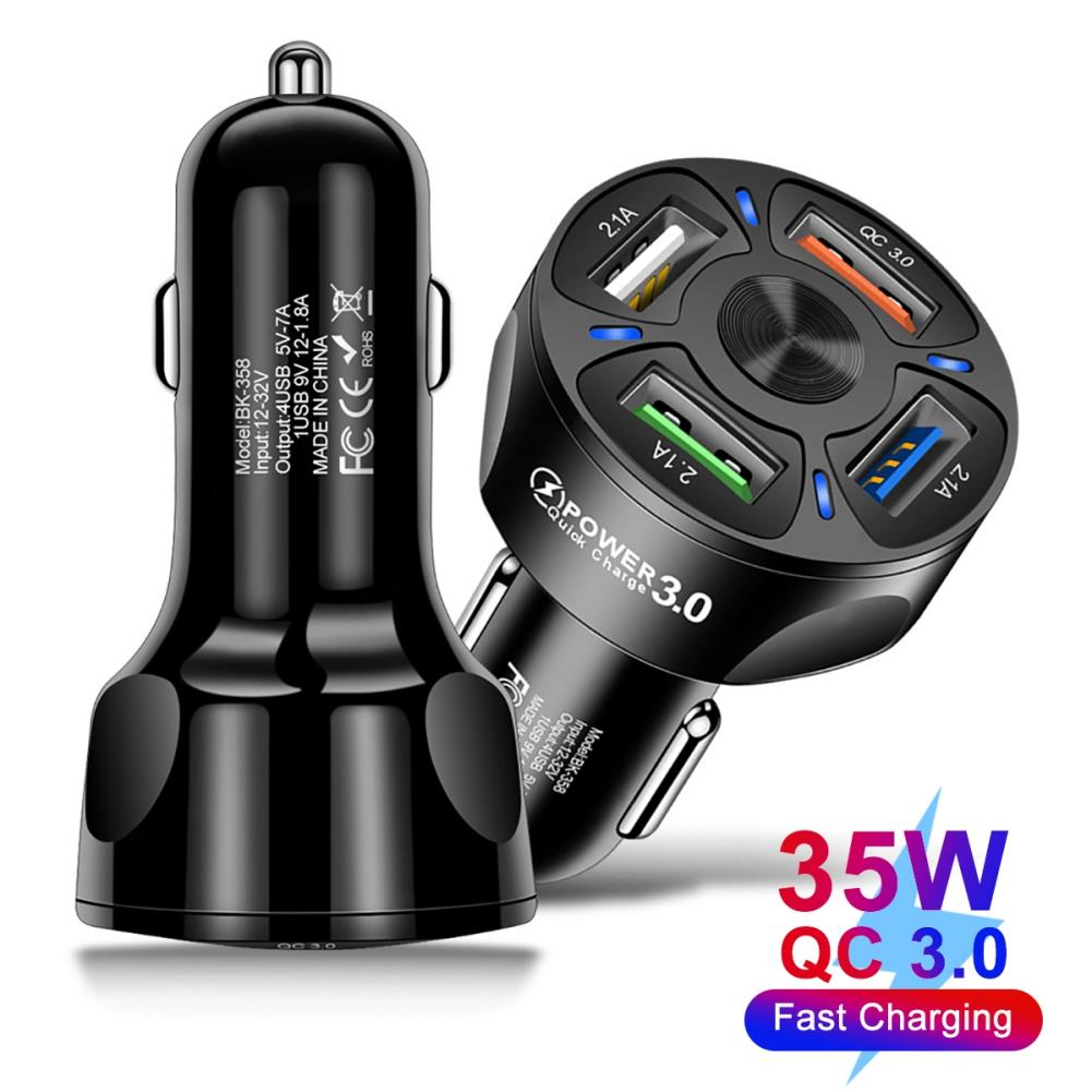 4 Ports USB Fast Car Charger Adapter QC3.0, Quick Car Phone Charger with LED Light Display, Compatible with iPhone 13 12 Pro Max,Galaxy S20 and More