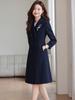 Women's Dark Blue Wool Tweed Long Coat - Chic Autumn/Winter Workwear