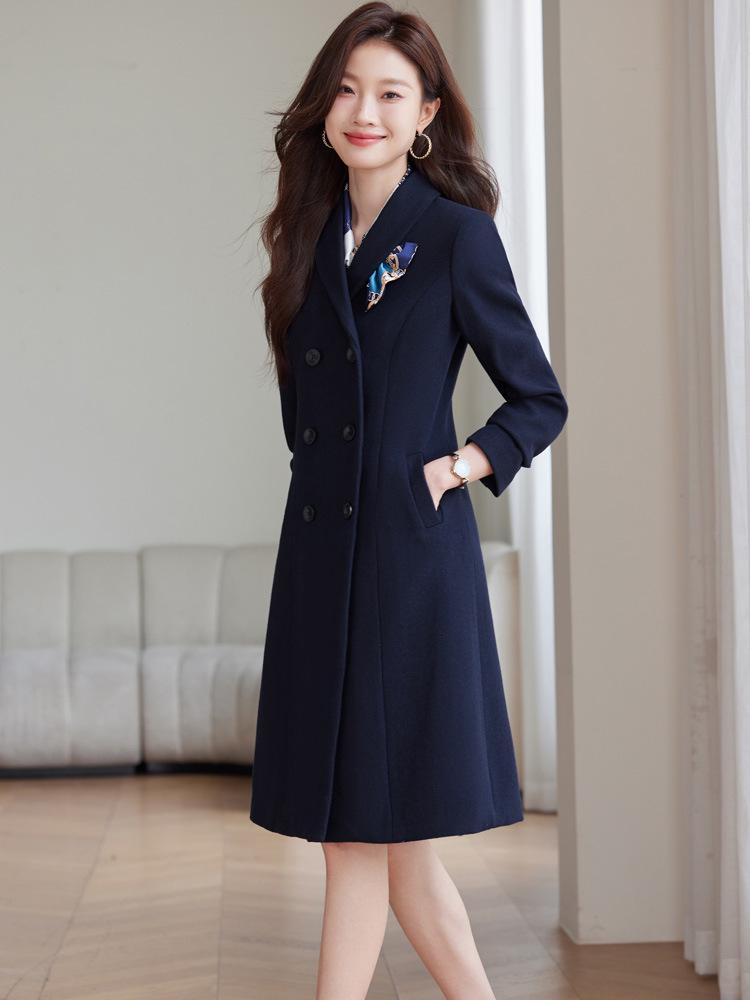 Women's Dark Blue Wool Tweed Long Coat - Chic Autumn/Winter Workwear