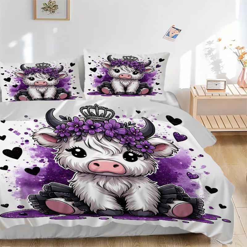 3pcs Purple Crown Cow Printed Quilt Set - Soft and Comfortable Quilt Cover for Bedroom, Guest Room and Dormitory Decorative Bedding Set 1 Du