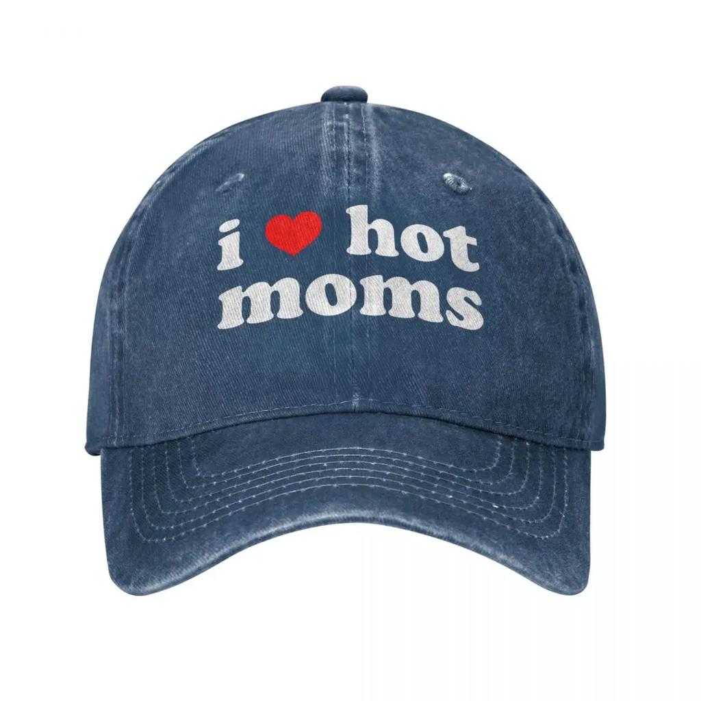 Jag älskar heta mammor Rött hjärta Basebollkepsar Sliten Bomullshuvudbonad Unisex Stil Utomhus Löpning Golf Justerbar Passform Kepsar Hatt