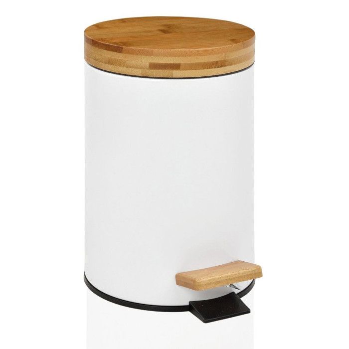 Poubelle de Salle de Bain en Métal Blanc Couvercle Bambou - 3L