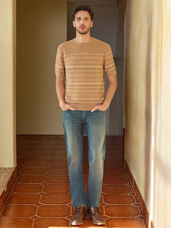 OLZEN Men'S Striped Round Short Sleeve Knit_Zog2Er1310Be