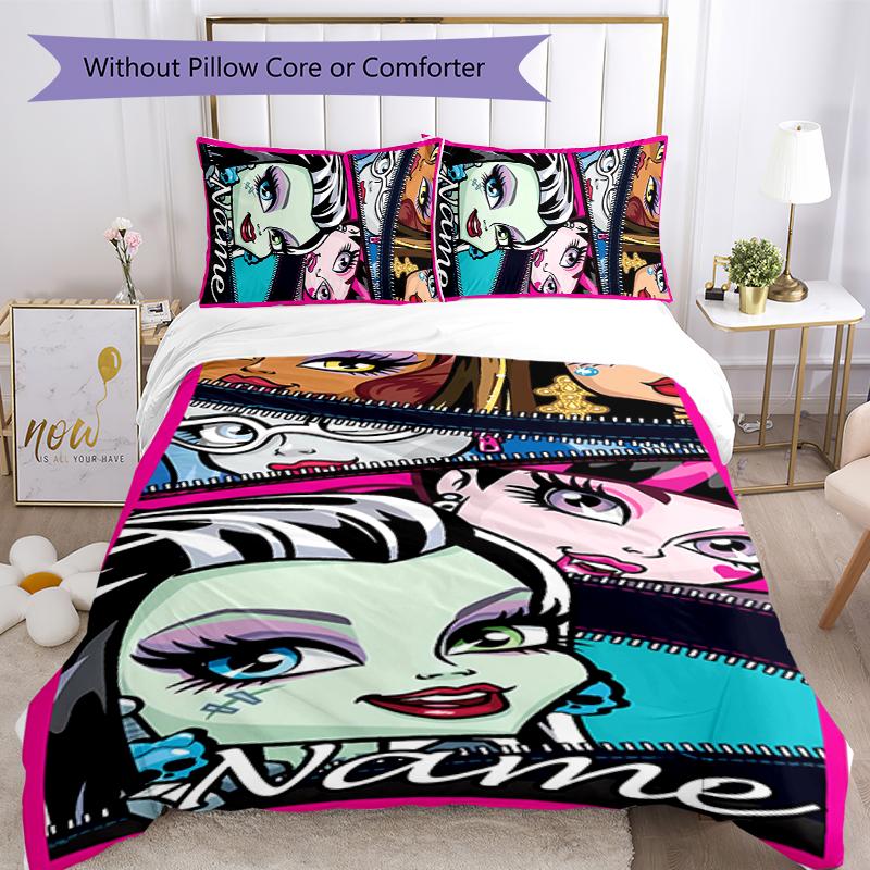 3pcs Custom Name Cartoon Monster High Bedding Set Duvet Cover Closure Includes 1 Duvet Cover & 2 Pillowcases for All Seasons Bedroom Decor