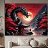 1 Stück Drache und Roter Mond Wandteppich - Majestätischer Drachenkrieger und Flammend Roter Himmel Kunstwerk