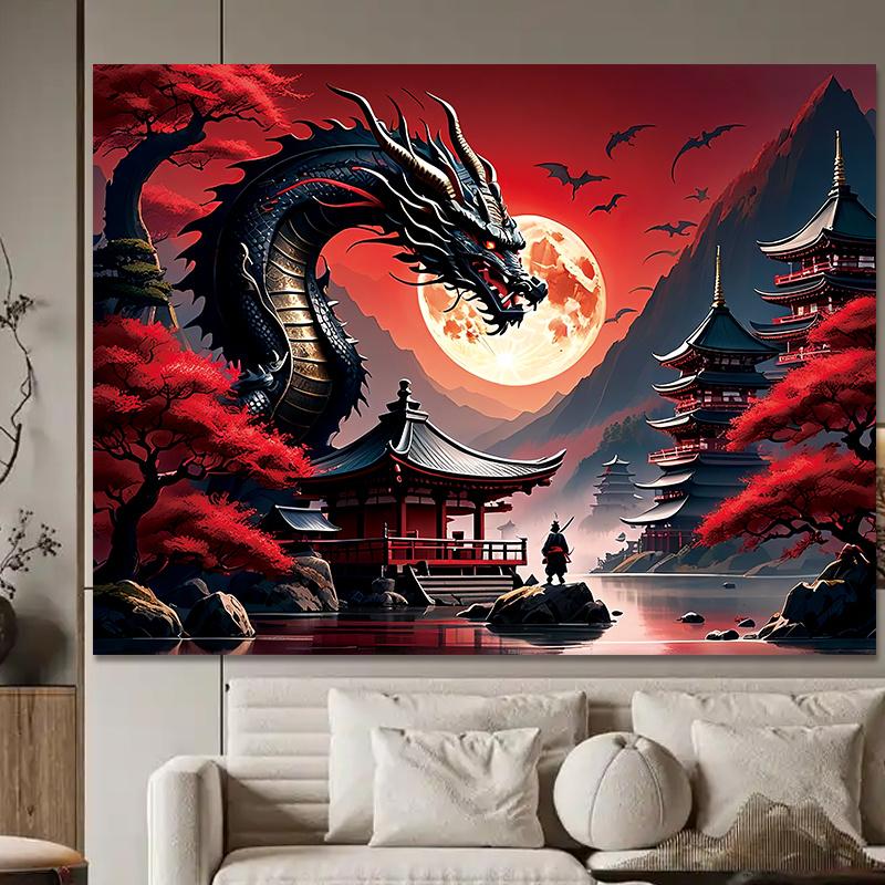 1pc Dragon and Red Moon Tapestry - Majestic Dragon  Warrior and Flaming Red Sky Artwork 150X100