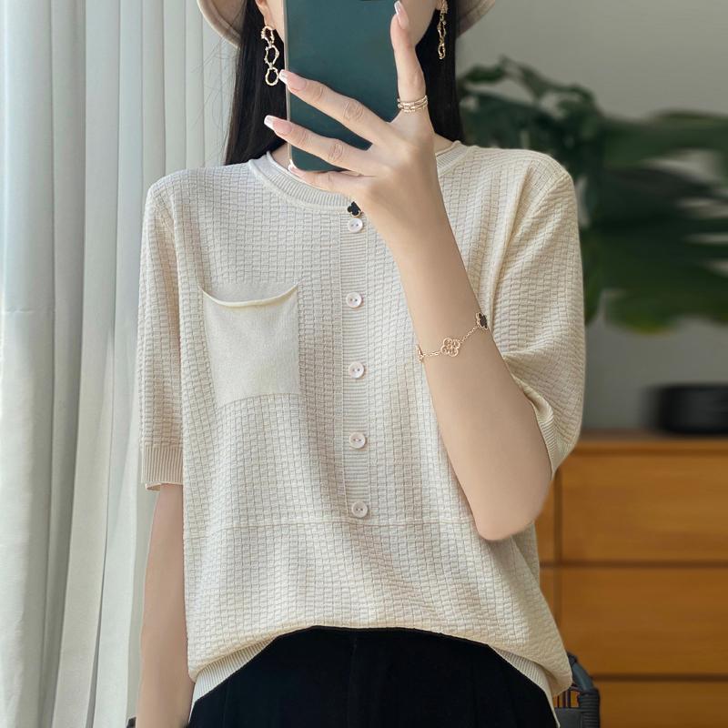 Women Knit T-shirt Summer Knitted Shirt Short Sleeve Tees O-neck Pullover Knit Tops Female