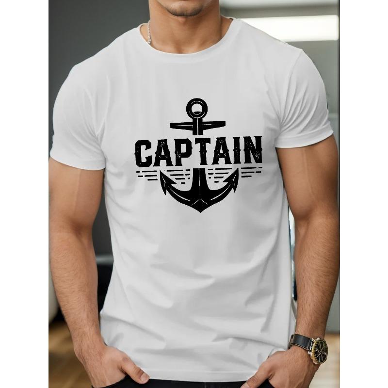 European size Men's Casual Crew Neck T-Shirt with Geometric Anchor Captain Print, Regular Fit, Short Sleeve Top for Men