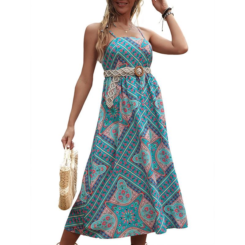Amazon Independent Station Foreign Trade New European, American Summer Women's Clothing Cross-border Ethnic Style Printing Suspender Dress