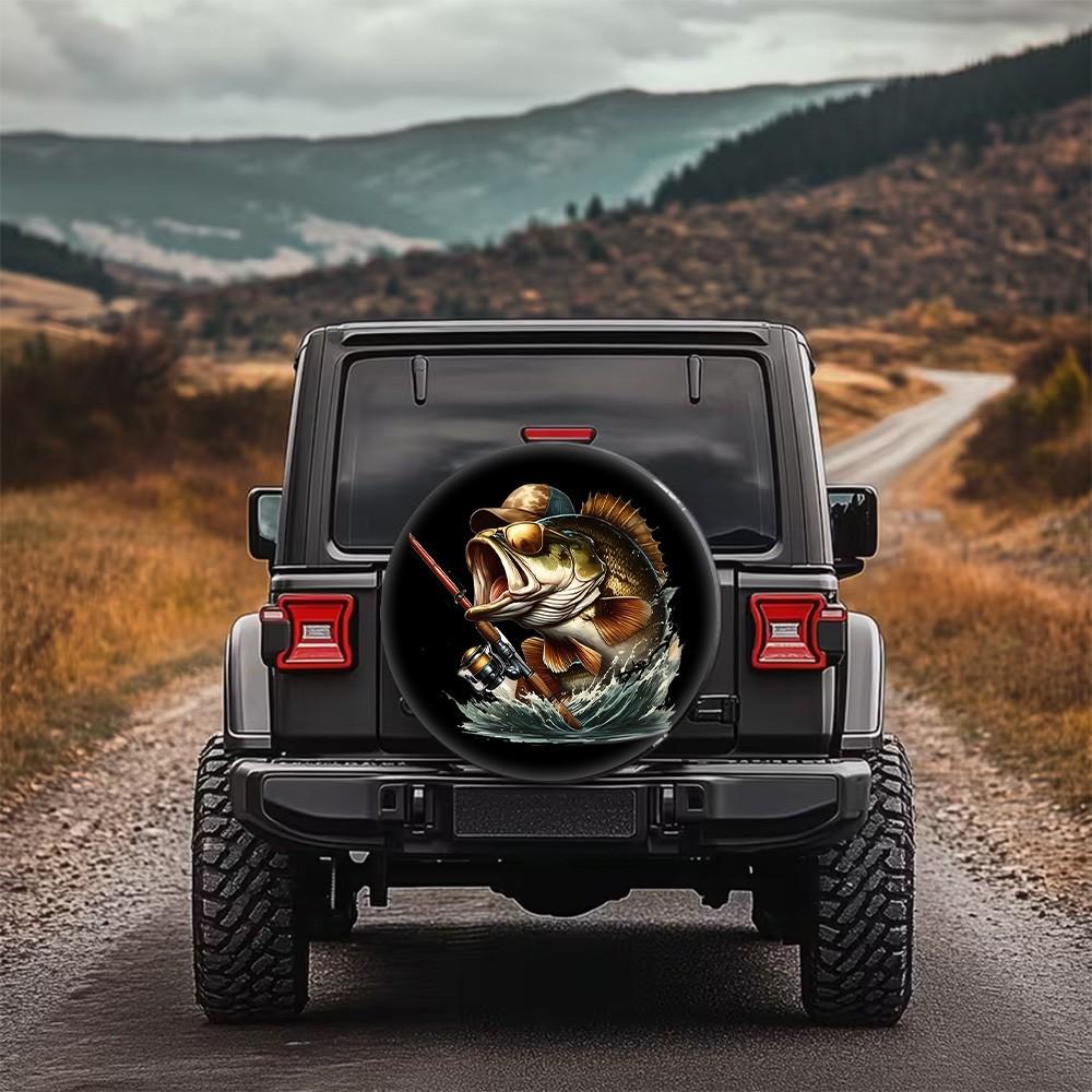 Bass Fisherman Jumping Fish Spare Tire Cover Waterproof Polyester SUV Wheel Protector