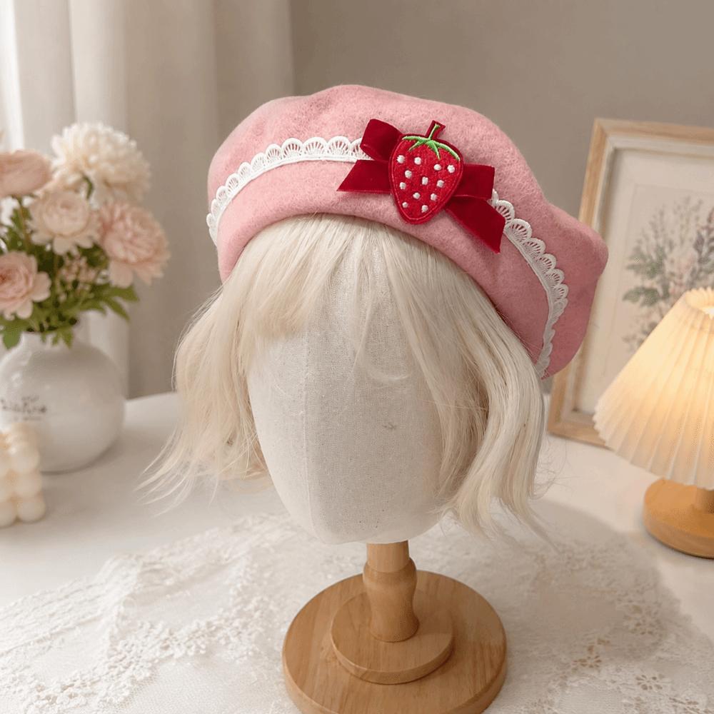 Lace Edge Knitted Beret Soft Bow Beret Japanese Style Pullover Beanie Cap  Autumn Winter Season