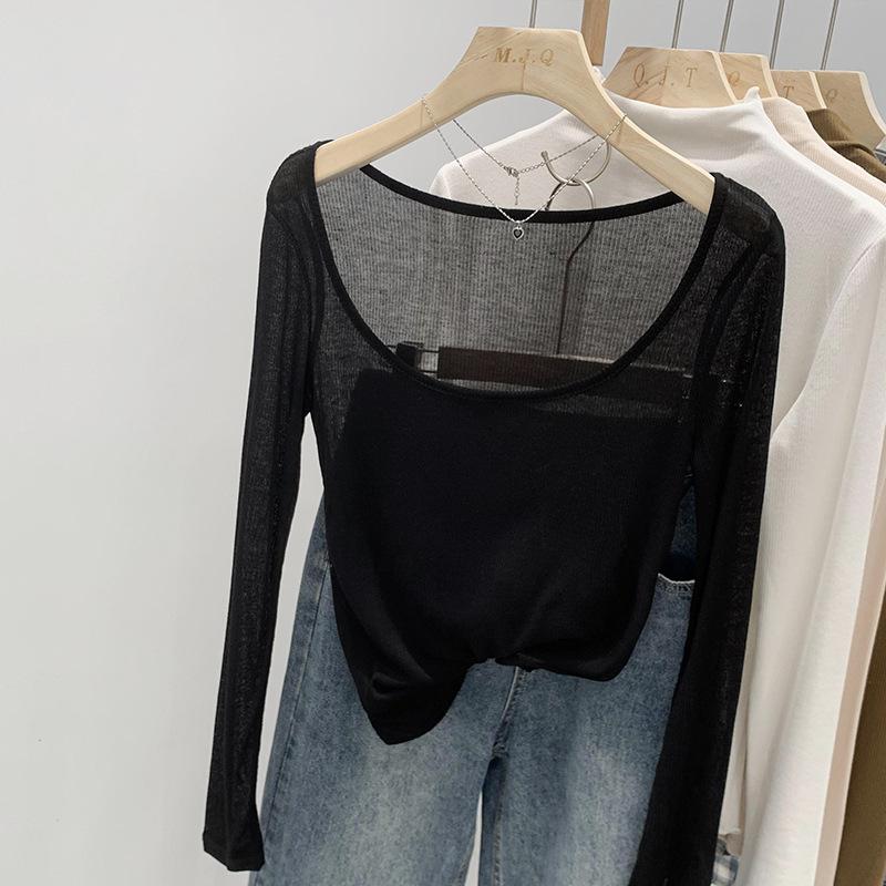 

Футболка с большим круглым вырезом и длинными рукавами для женщин на лето, сексуальная, слегка прозрачная рубашка с подолом, рубашка с кондиционером, облегающий крой M