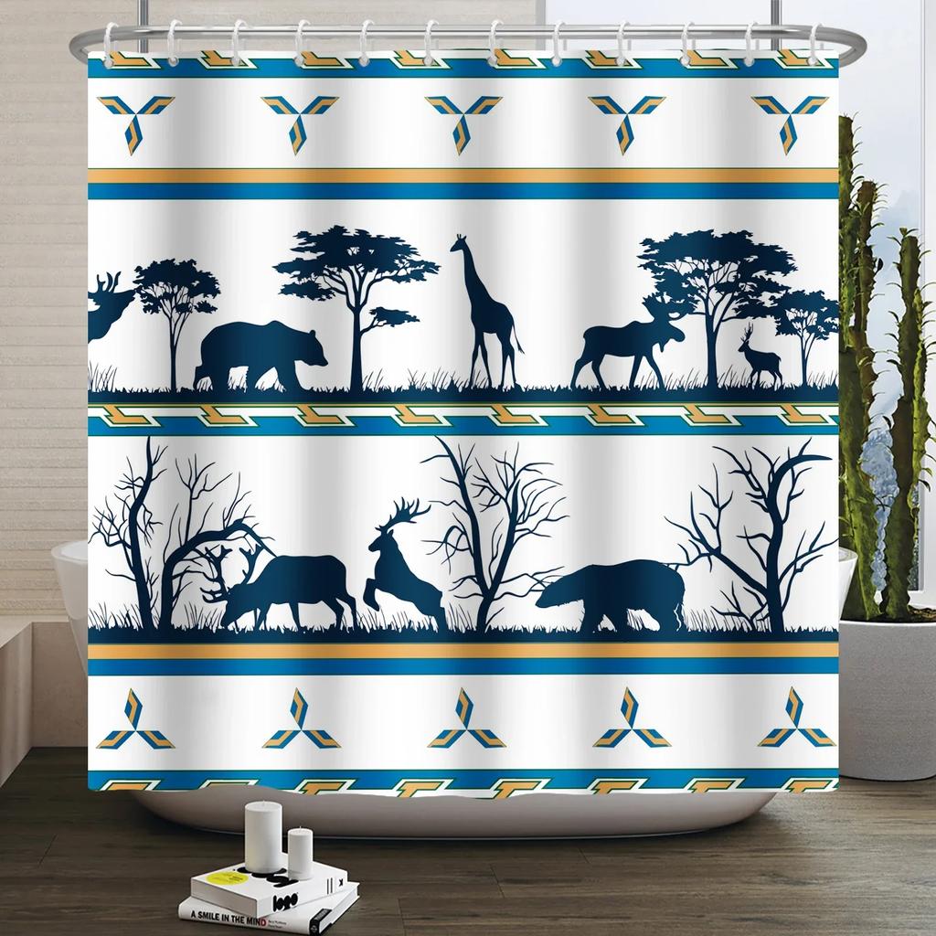 Forest Animals Shower Curtain jungle Trees Plant Wildlife Bird Bear Elk Fox Deer Modern Minimalist Kids Bathroom Shower Curtain