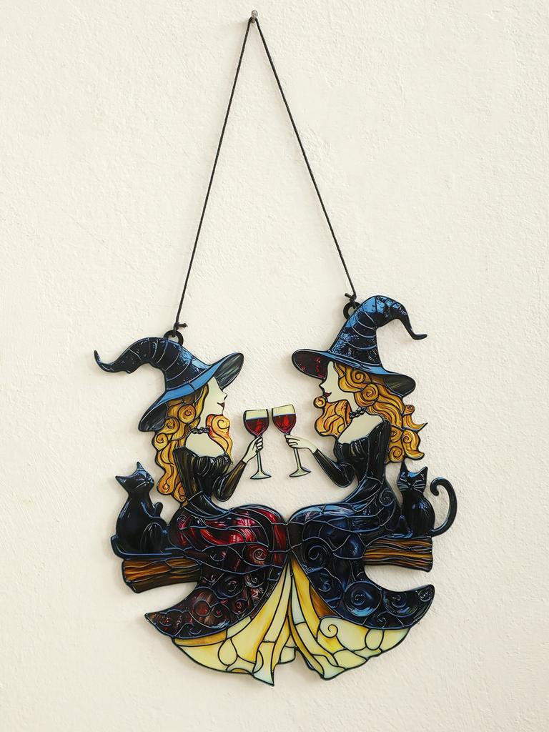 Acrylic Halloween Witch Hanging Decoration - Black Cat&Two Witches Toasting with Wine Glasses Wall Decor, Gothic Window Ornament