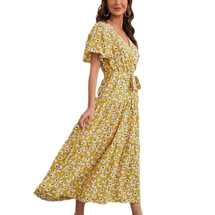 Women Summer Floral Print Long Dress Casual V Neck Short Sleeve A Line Bandage Chiffon Dress Sizes S To XXL