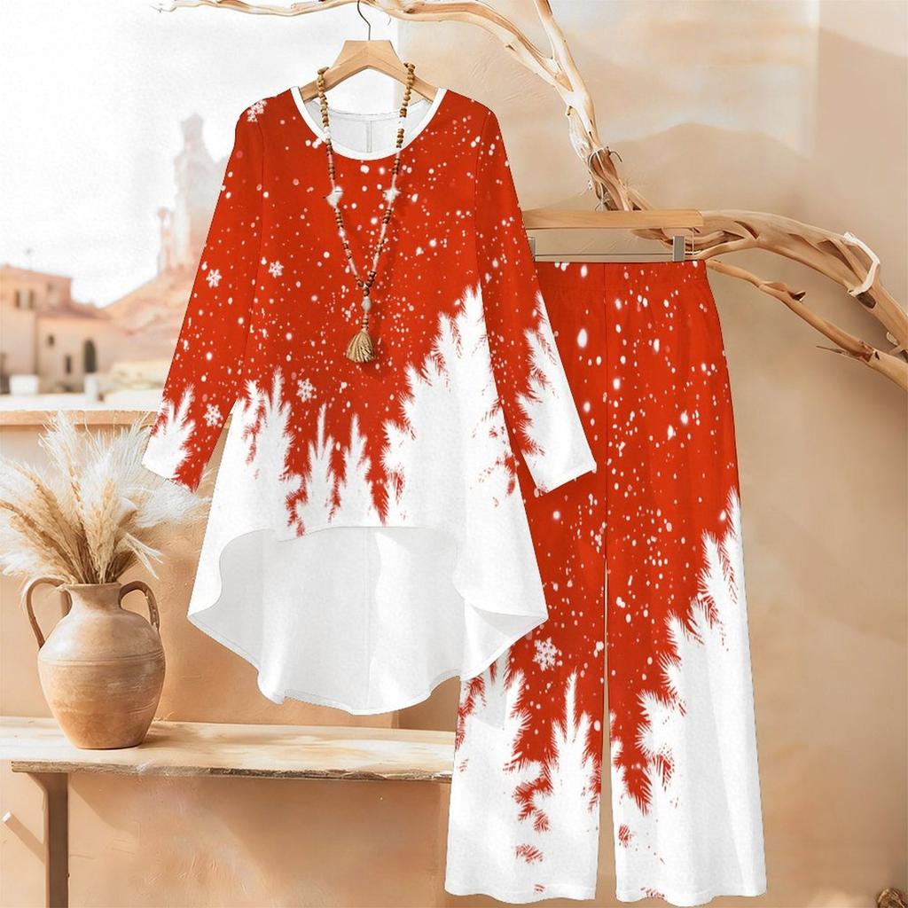 Christmas Print Two Piece Outfit Women Long Sleeve Irregular Hem Tunic Top Wide Leg Pants Casual Matching Set