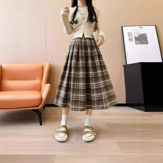 Women's Autumn/Winter High Waist Slimming Pleated Skirt with Belt - Elegant Mid-Length Swing Skirt