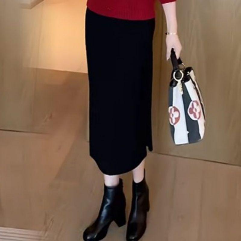 

Women s Thickened Long-Sleeve Knitted Sweater Skirt Set for Autumn/Winter – Slimming Fashion Black Skirt, High Quality
