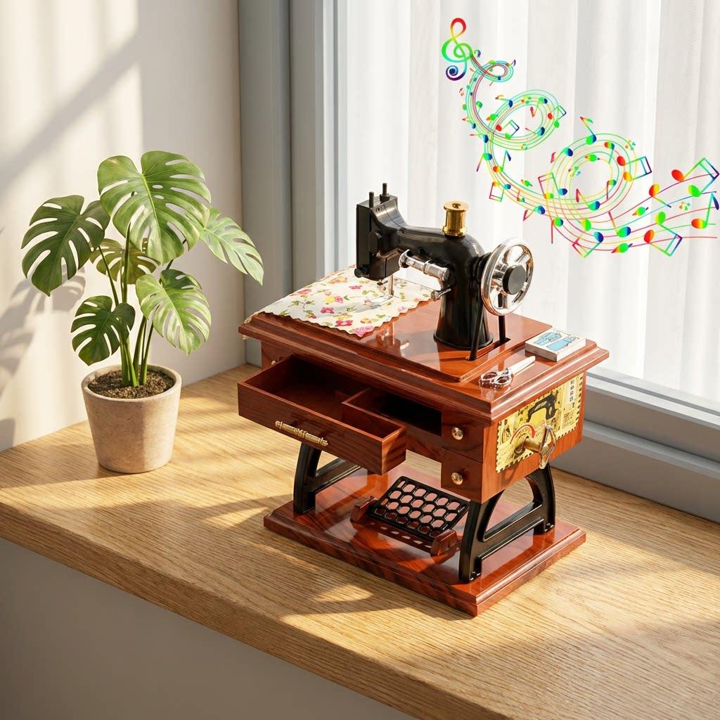 Vintage Sewing Machine Music Box Wooden Music Box Home Decor Gift Living Room, Bedroom, Dining Table Decor