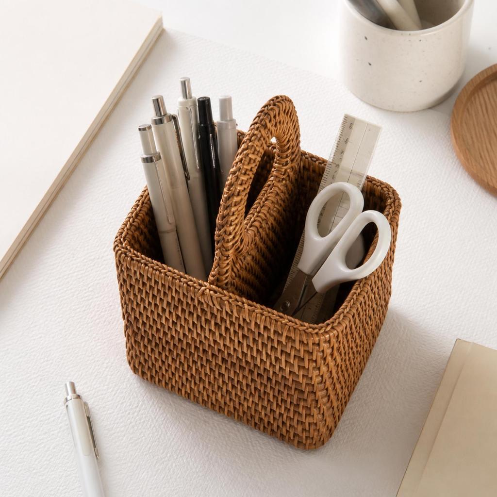 Rattan Desktop Storage Basket Divided for Bathroom Counter
