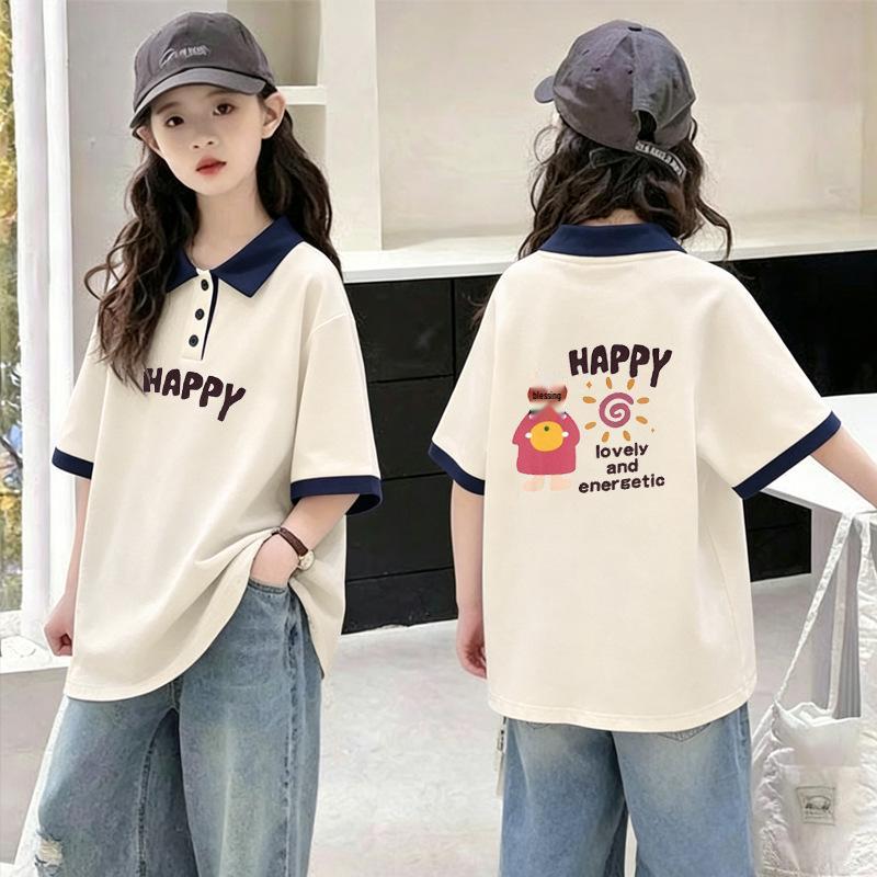Trendy Girls' Cotton Polo Shirt - Summer 2026 Patchwork Lapel Short Sleeve Tee for Medium and Large Children