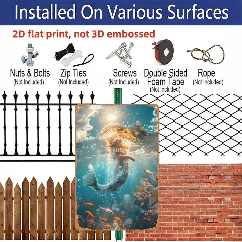 2D Flat, 1pc 7.87*11.8 Inch Vintage Mermaid & Sea Life Aluminum Sign - Enchanting Underwater Scene with Iridescent Wings, Shimmering Scales & Fish