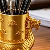 3D Printed Golden Dragon Boat Pen Holder, Chinese Traditional Desk Organizer with Dragon Cloud Wave Relief, Matte Gold Storage Pot for Stationery