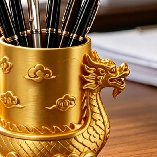 3D Printed Golden Dragon Boat Pen Holder, Chinese Traditional Desk Organizer with Dragon Cloud Wave Relief, Matte Gold Storage Pot for Stationery