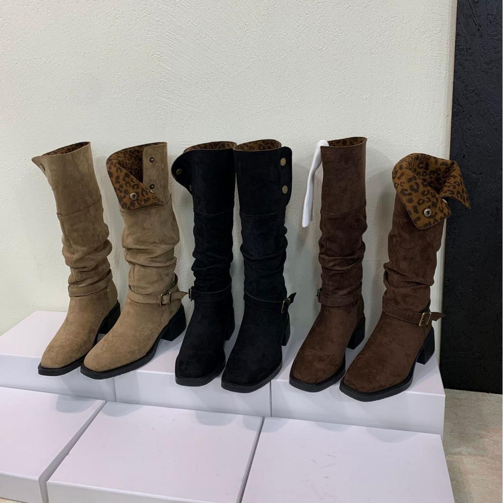 Coarse heel French retro square head western cowboy boots women's 2025 new tall stacking boots