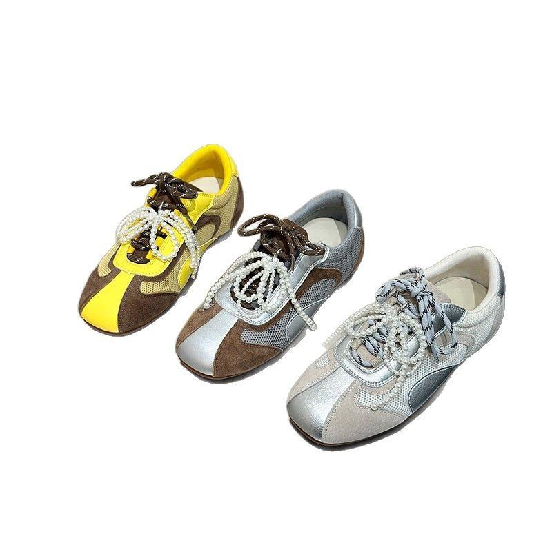 Soft leather double color ribbon inner height increase German training shoes women's 2025 spring and summer soft sole beaded bow mesh