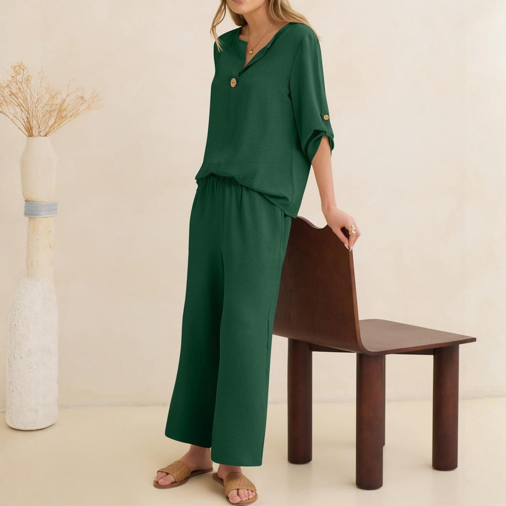 Women Two Piece Set Long Sleeve Loose Fit Blouse and Wide Leg Pants Casual Lightweight Outfit for Daily Wear