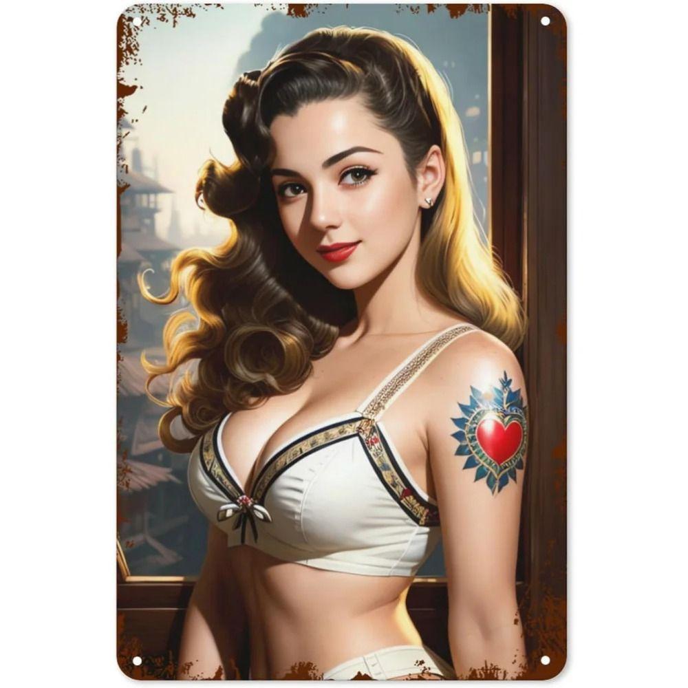 Pin-Up Kız Teneke Levhalar, Garaj Atölyesi Metal Dekor 20x30cm