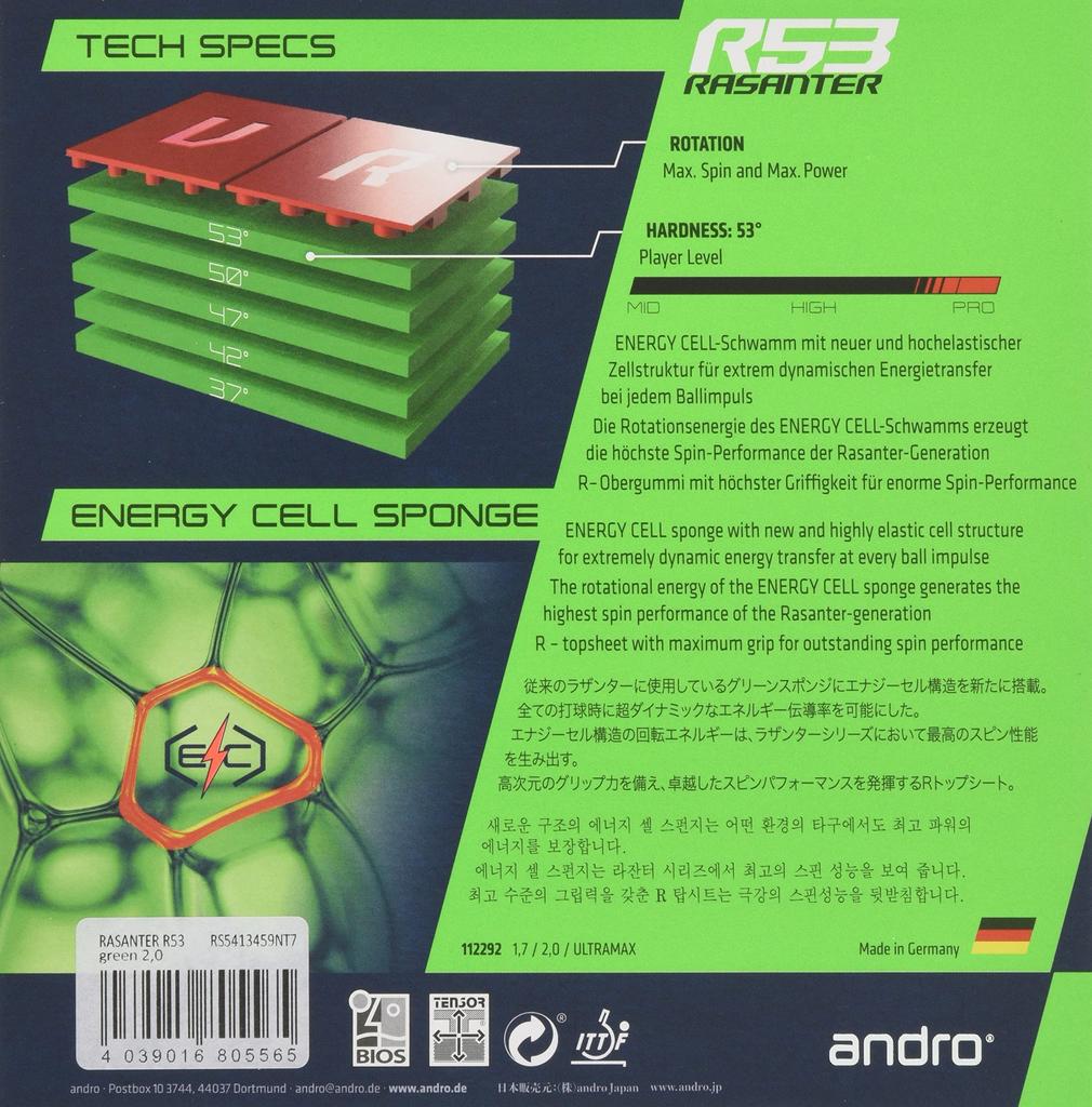 andro Table Tennis Rubber Lazantar Inverted UM ULTRA 110021092 R53, Soft, Tension, Green,