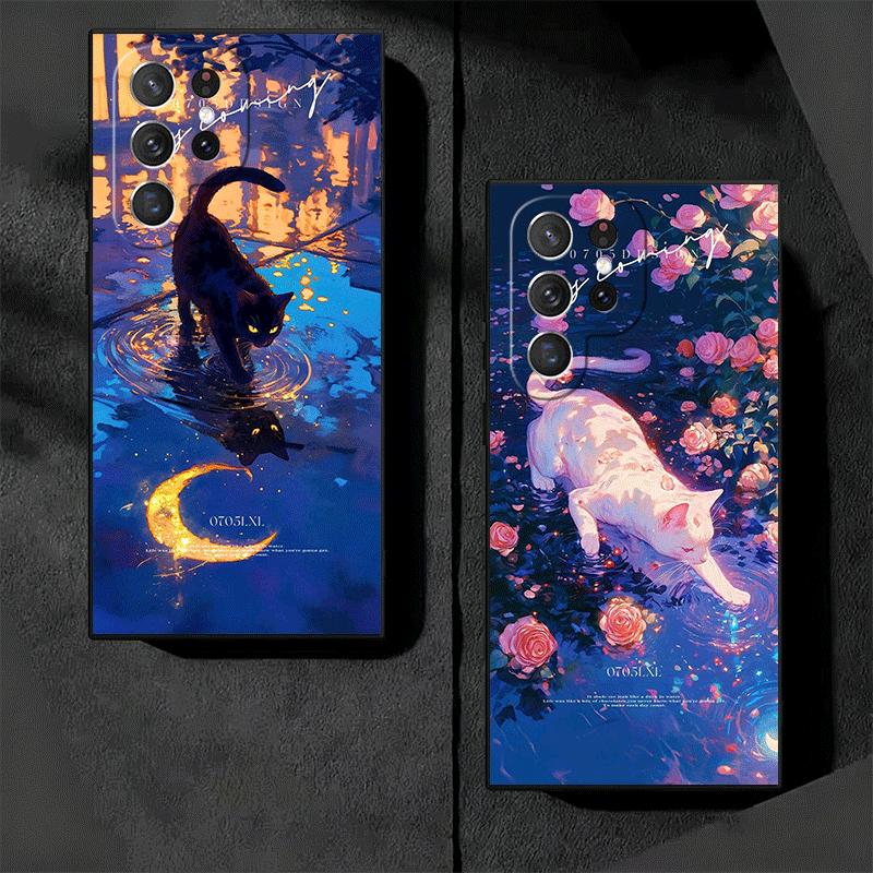Night Moon Cat Dreamy Art Soft Phone Case for Samsung Galaxy S26 S25 Edge S24 Ultra S23 Plus S22 S21 FE S20 Black Cover Back She