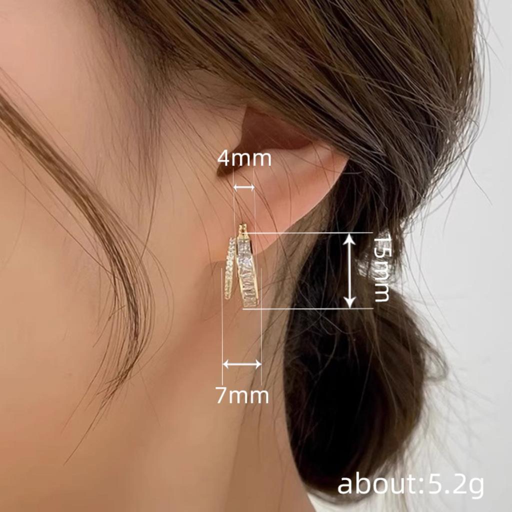 Dual Layer Baguette and Round Paved Click Hoop Earrings Women Elegant Bling Ear Jewelry