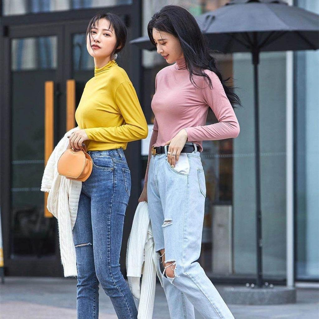 Women's Basic Half-High Neck Base Layer Top Slim Fit Long Sleeve T-Shirt Inner Wear