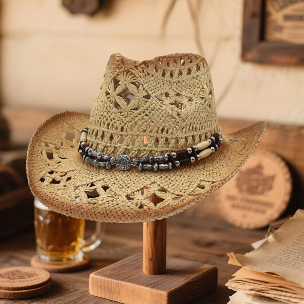 (L, Khaki) Cowgirl Hats for Women Men Outdoor Western Hat Wide Brim Straw Sun Hat with Beaded Ropes