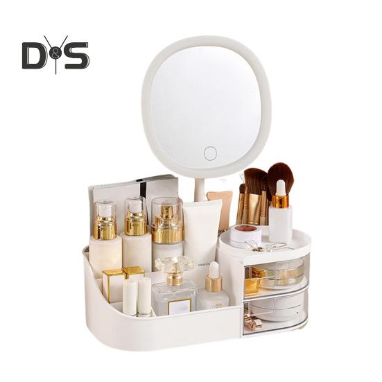

Органайзер для хранения косметики с зеркалом со светодиодной подсветкой, большой вместимостью, несколькими отделениями, органайзер для хранения кистей для макияжа, накладной белый