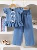 Girls' Two-Piece Outfit: Top with 3D Bow Accent and Princess-Style Hem, Paired with Classic Blue Versatile Straight-Leg Jeans — New Summer Arrival