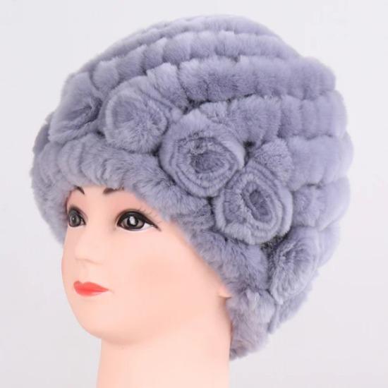 Hot Sale Winter Women Flower Striped Natural Real Fur Hats Lady Warm Knit Genuine Rex Rabbit Fur Caps Outdoor Fur Beanies Hats