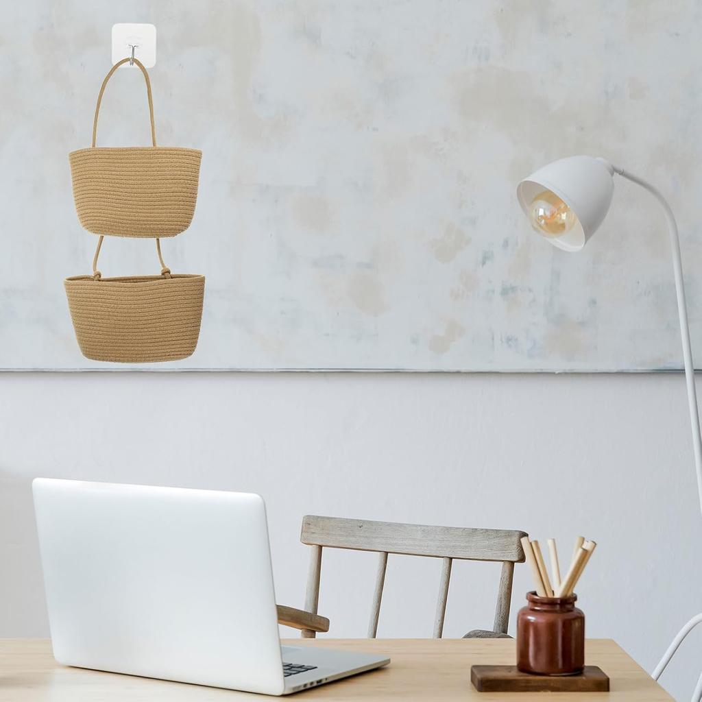 PATIKIL Hanging Basket Over The Door, 2-Tier Hanging Woven Cotton Rope Wall Mounted Storage Baskets Organizer Decorative for Books Flowers Closet