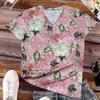 Summer V-neck 3D Flower Pattern Printed Top Fashionable Casual Short Sleeved Women's T-shirts