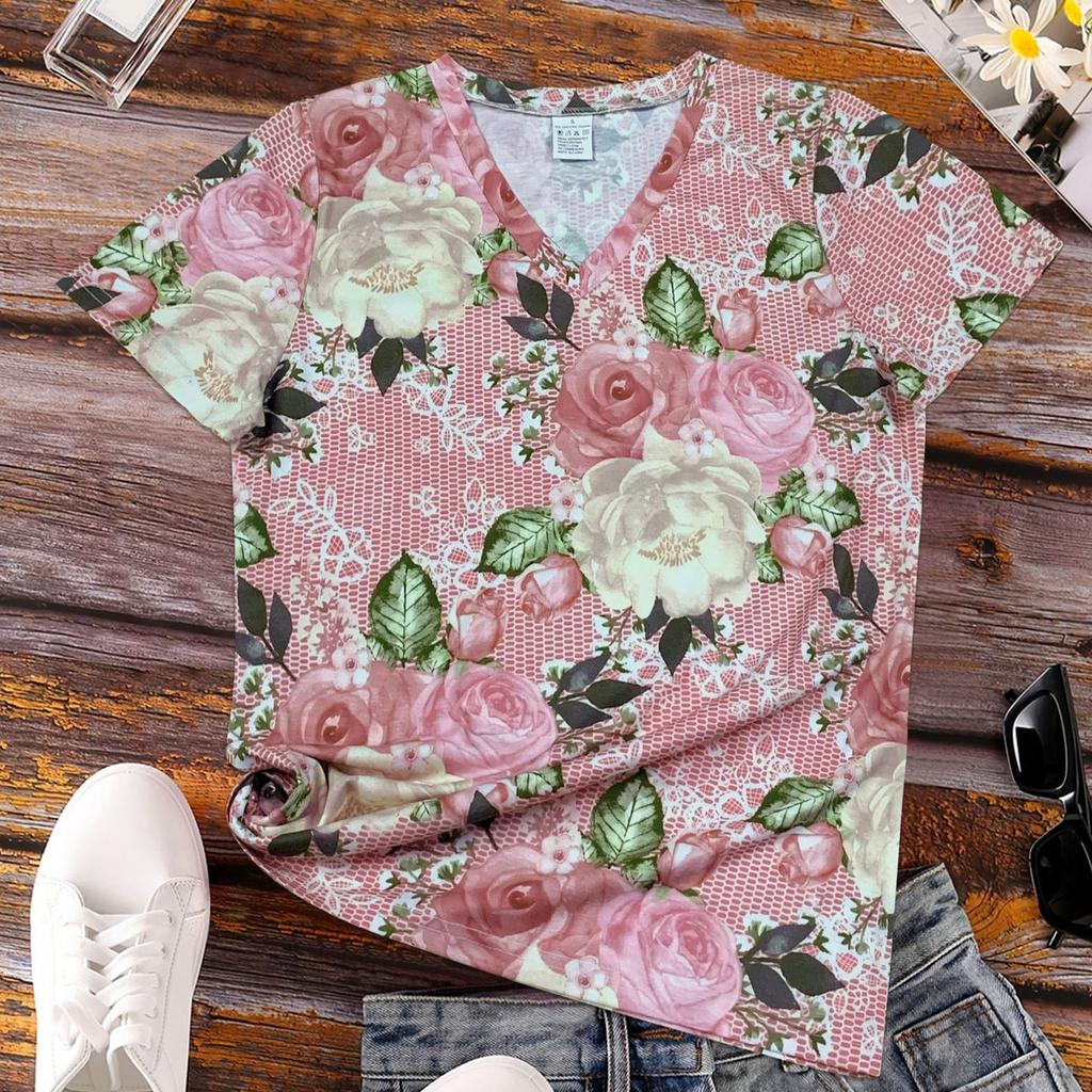 Summer V-neck 3D Flower Pattern Printed Top Fashionable Casual Short Sleeved Women's T-shirts